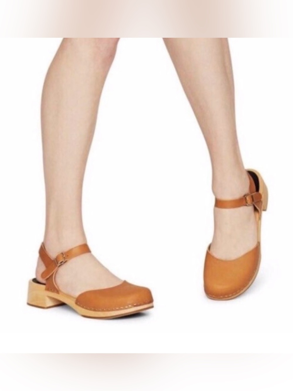 Swedish Hasbeens Tan Leather MaryJane Clogs with Ankle Strap